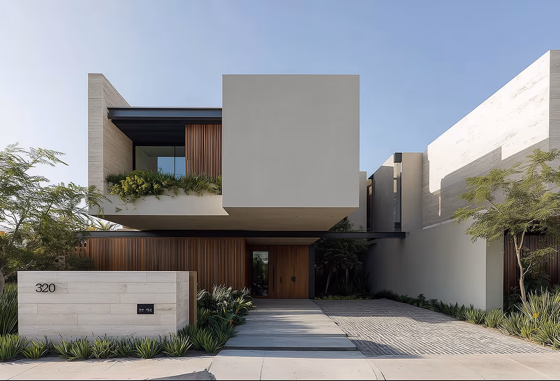Modern two-story house with a beige facade, wooden vertical slats, a balcony planter, and a green driveway.