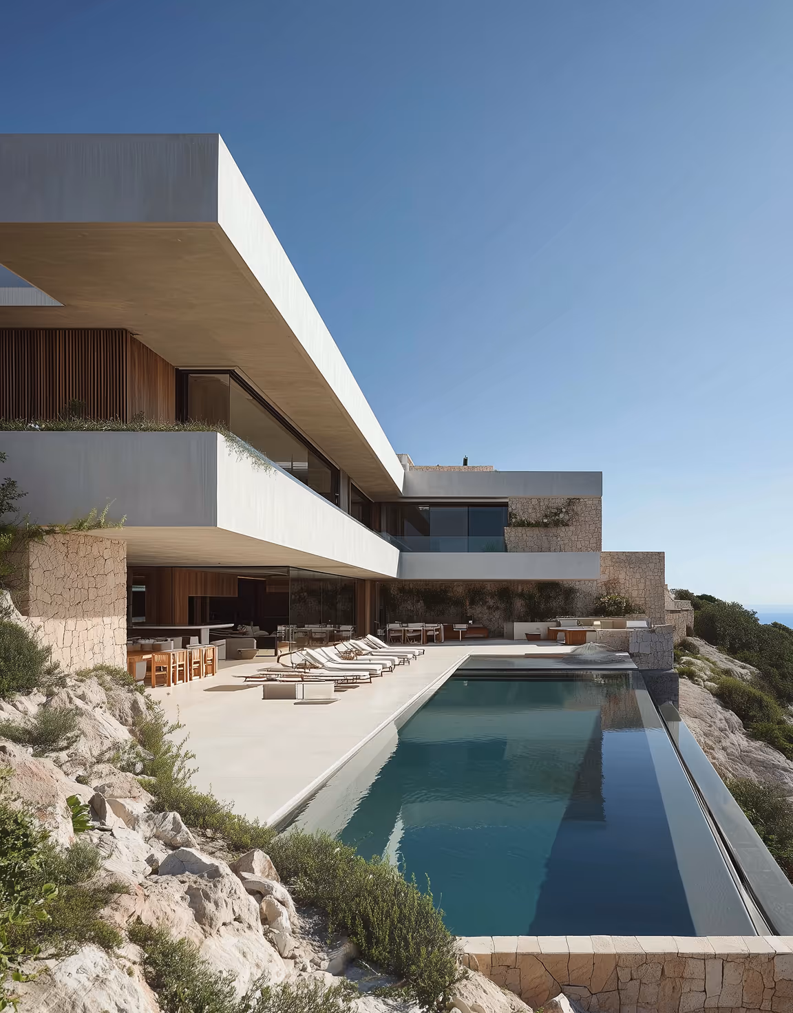 Modern luxury house with a large balcony, glass walls, and an infinity pool overlooking a rocky landscape.