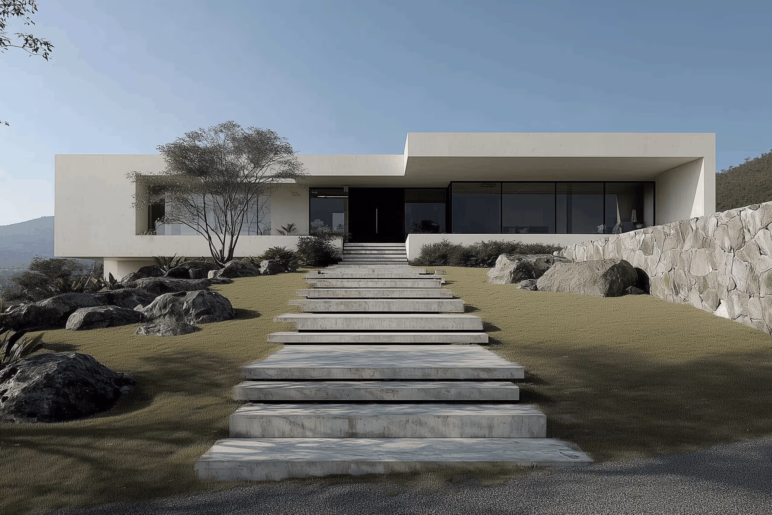 Modern minimalist house with wide concrete steps leading up through a grassy yard with rocks and a tree.