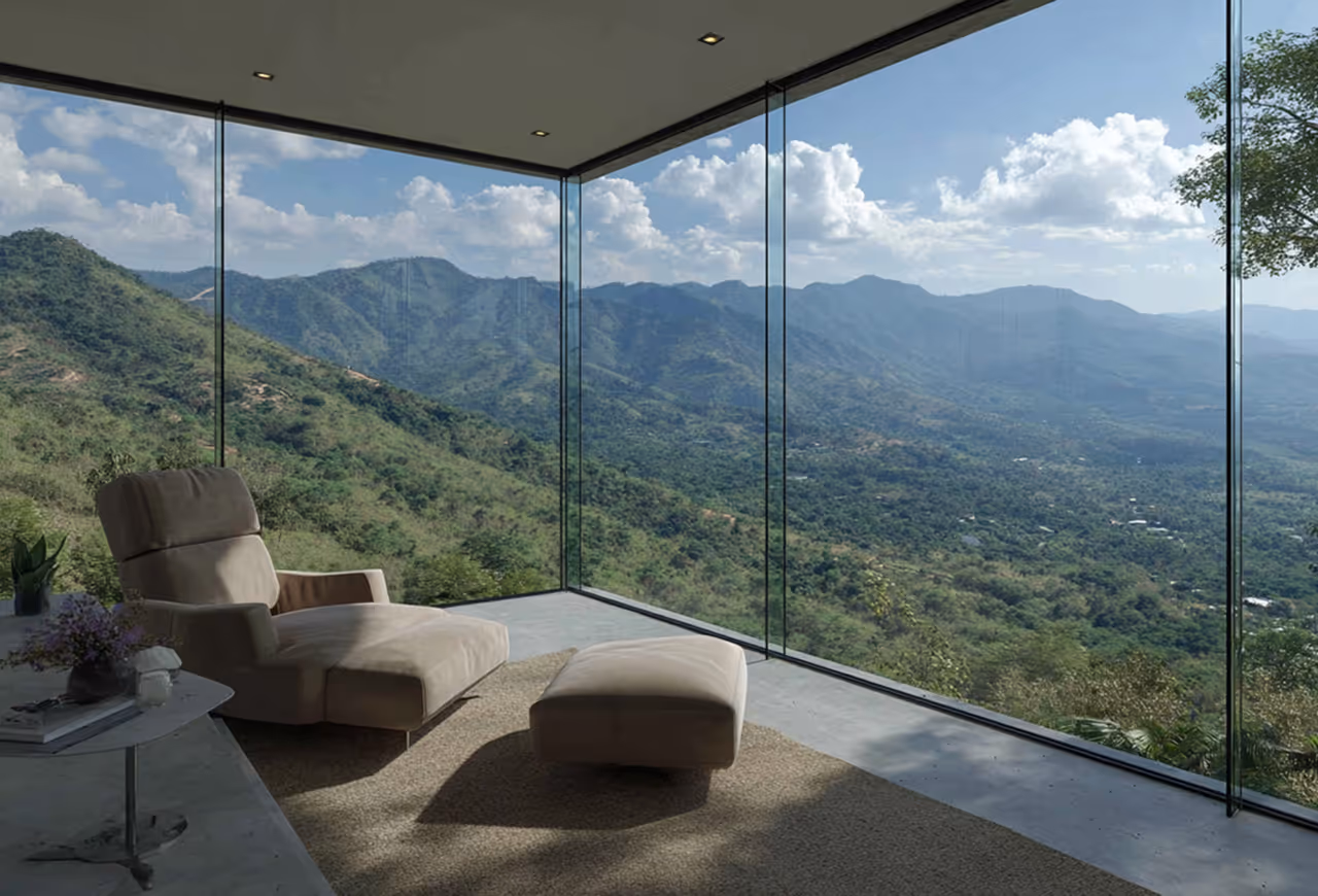 Modern lounge chair with ottoman in a room with floor-to-ceiling windows overlooking a green mountain landscape.