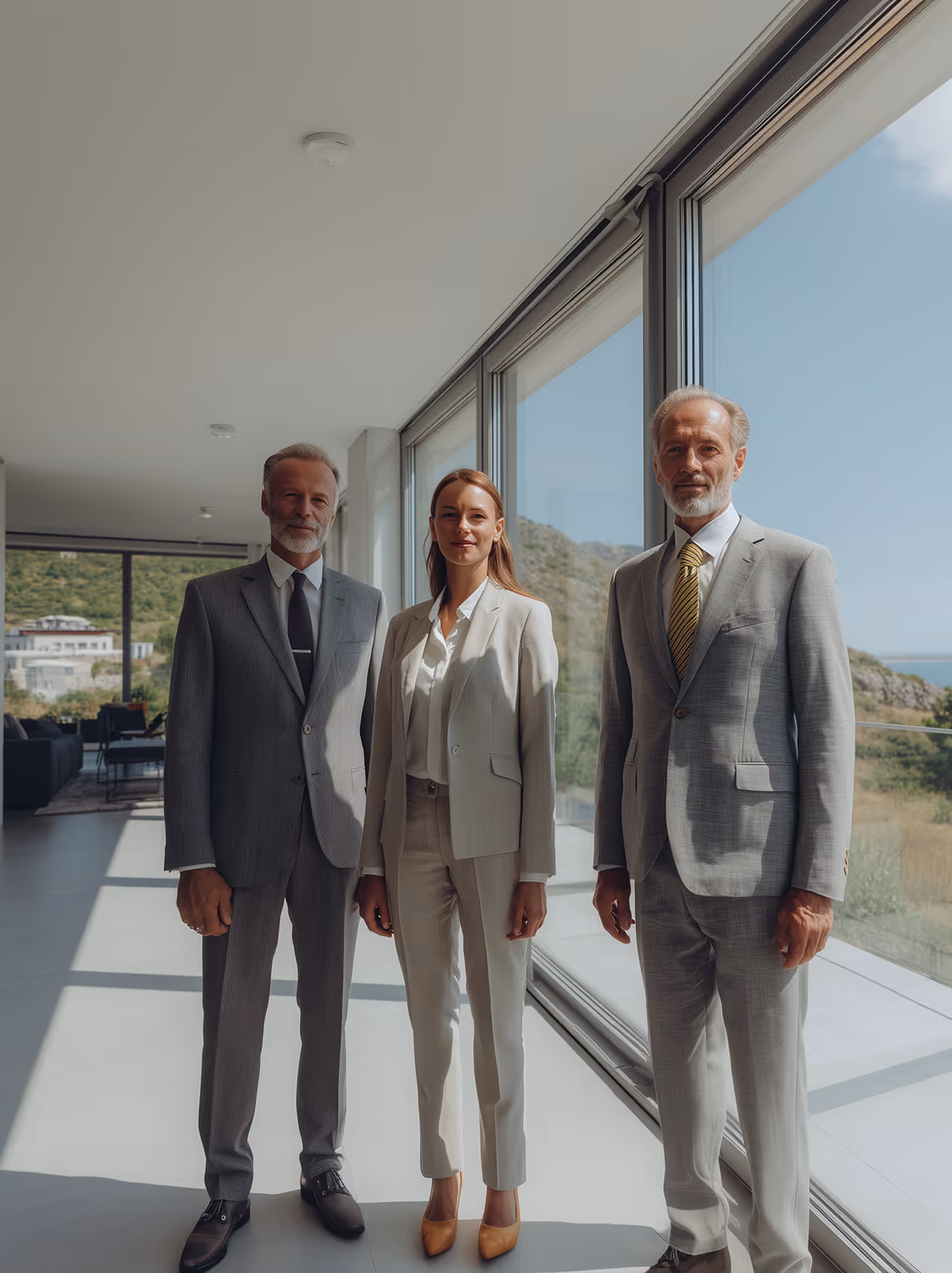 Two older men and a young woman in business suits standing inside a modern office with large windows showing a scenic outdoor view.